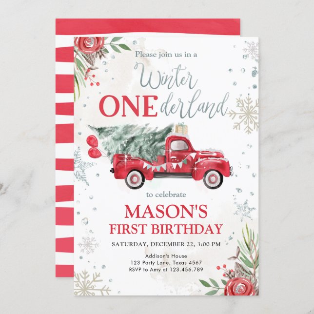 Winter Onederland Red Truck First Birthday Invitation (Front/Back)