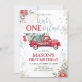 Winter Onederland Red Truck First Birthday Invitation (Front)