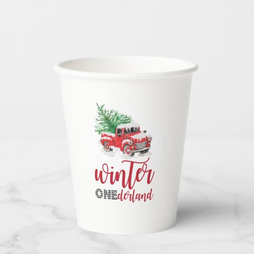 Winter Onederland Red Truck First Birthday Paper Cups