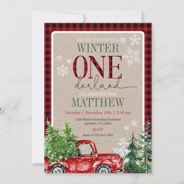 Winter ONEderland Red Truck Forest Birthday Invitation (Front)
