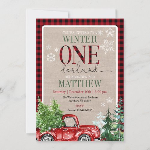 Winter ONEderland Red Truck Forest Birthday Invitation