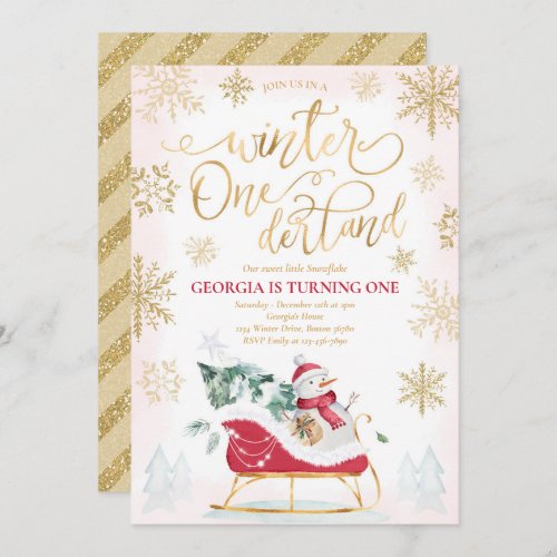 Winter ONEderland Red Winter Sleigh 1st Birthday Invitation