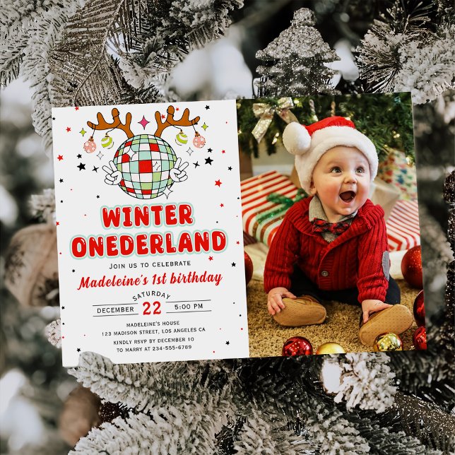 Winter Onederland Retro Christmas Birthday Photo Invitation (Creator Uploaded)