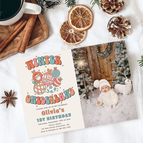 Winter ONEderland Retro Christmas Birthday Photo Invitation