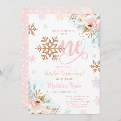 Winter ONEderland Rose Gold Blush Pink Birthday Invitation