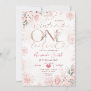 Winter Onederland Rose Gold Snowflake 1st Birthday Invitation