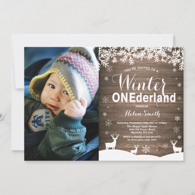 Winter Onederland Rustic 1st Birthday Photo Invitation (Front)