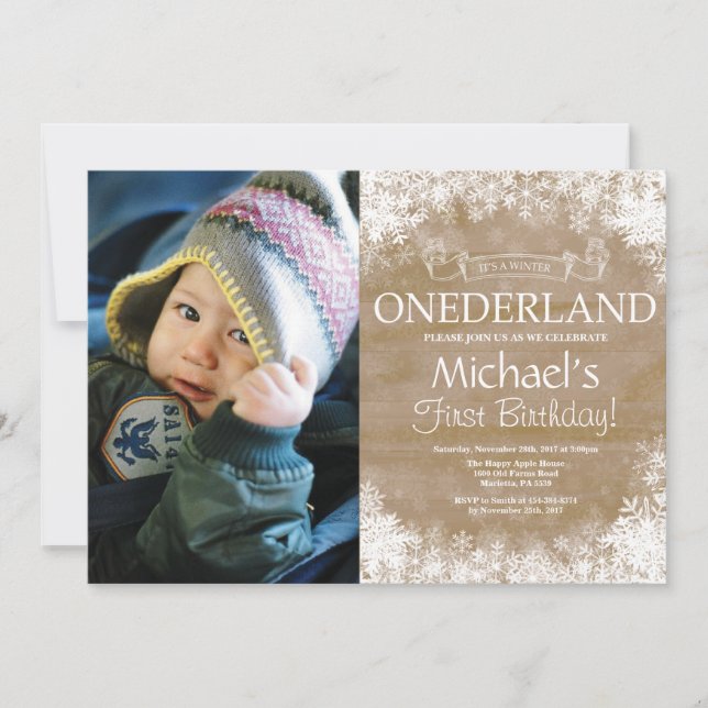 Winter Onederland Rustic 1st Birthday Photo Invitation (Front)