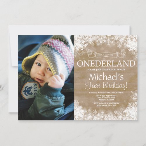 Winter Onederland Rustic 1st Birthday Photo Invitation