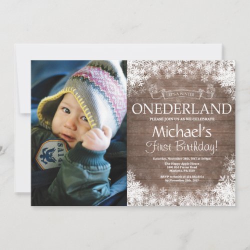 Winter Onederland Rustic 1st Birthday Photo Invitation