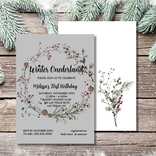 Winter onederland rustic berry boho first birthday invitation