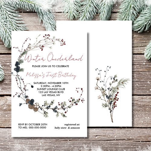 Winter onederland rustic berry boho first birthday invitation