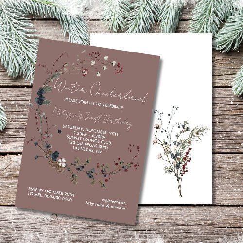 Winter onederland rustic berry boho first birthday invitation