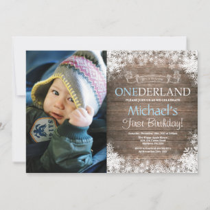 Winter Onederland Rustic Boy 1st Birthday Photo Invitation