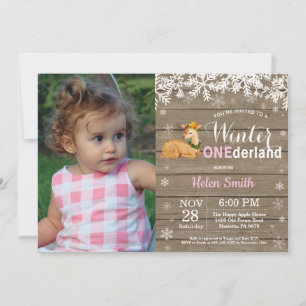 Winter Onederland Rustic Deer Girl 1st Birthday Invitation