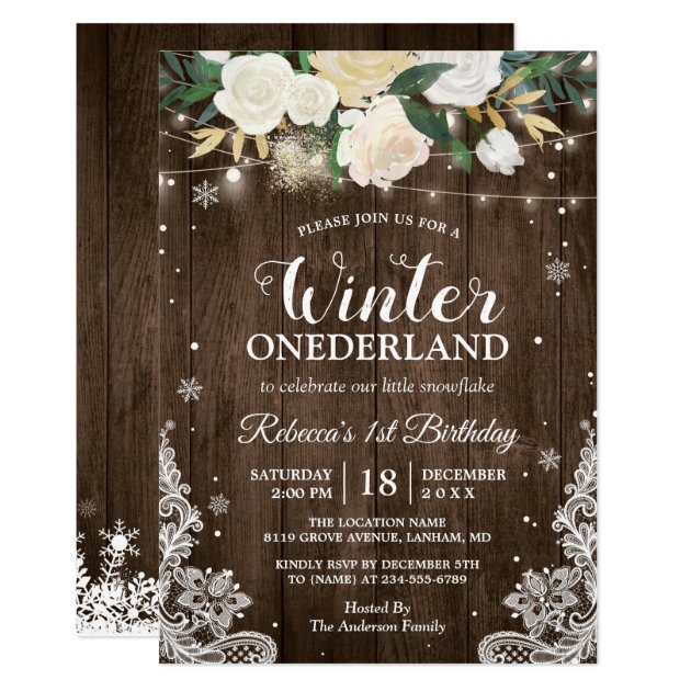 Winter ONEderland Rustic Floral Baby 1st Birthday Invitation