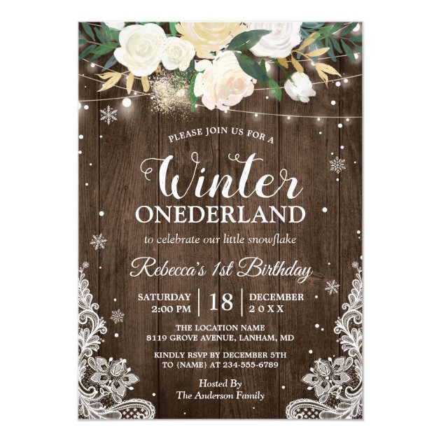 Winter ONEderland Rustic Floral Baby 1st Birthday Invitation