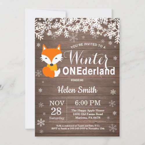 Winter Onederland Rustic Fox 1st Birthday Invitation