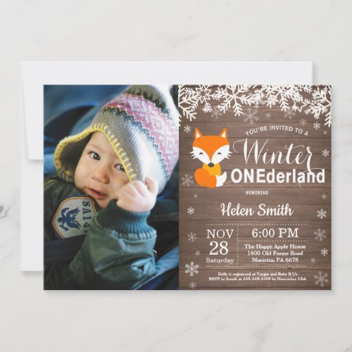 Winter Onederland Rustic Fox 1st Birthday Invitation