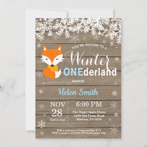 Winter Onederland Rustic Fox Boy 1st Birthday Invitation