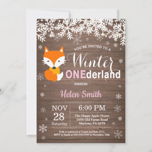 Winter Onederland Rustic Fox Girl 1st Birthday Invitation
