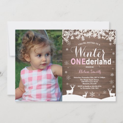 Winter Onederland Rustic Girl 1st Birthday Photo Invitation