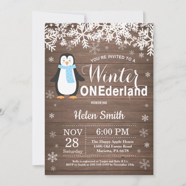 Winter Onederland Rustic Penguin Boy 1st Birthday Invitation (Front)