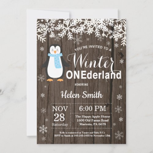 Winter Onederland Rustic Penguin Boy 1st Birthday Invitation