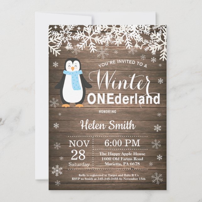 Winter Onederland Rustic Penguin Boy 1st Birthday Invitation (Front)