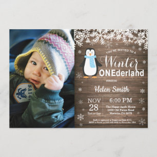 Winter Onederland Rustic Penguin Boy 1st Birthday Invitation