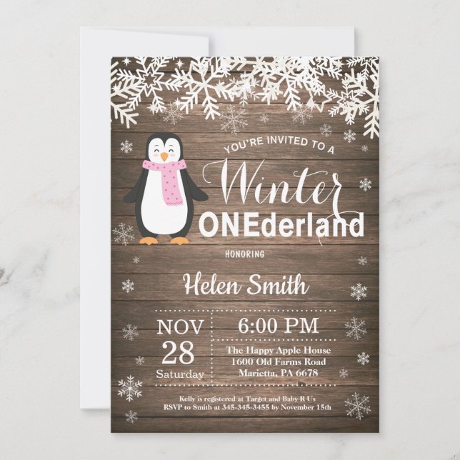 Winter Onederland Rustic Penguin Girl 1st Birthday Invitation (Front)