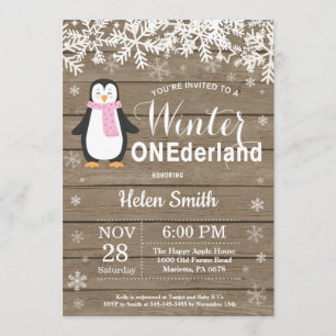 Winter Onederland Rustic Penguin Girl 1st Birthday Invitation