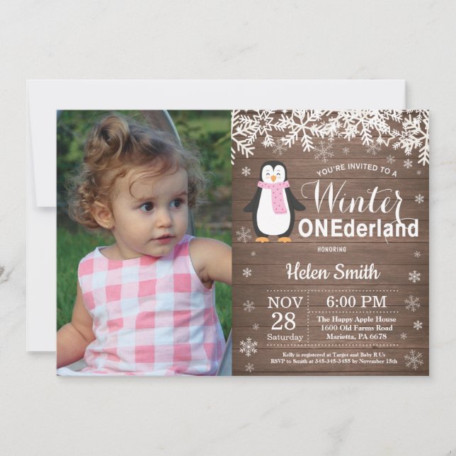 Winter Onederland Rustic Penguin Girl 1st Birthday Invitation (Front)