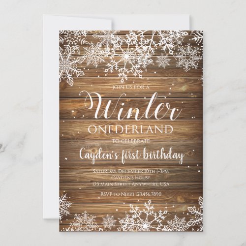 Winter Onederland Rustic Snowflake and Wood Invitation