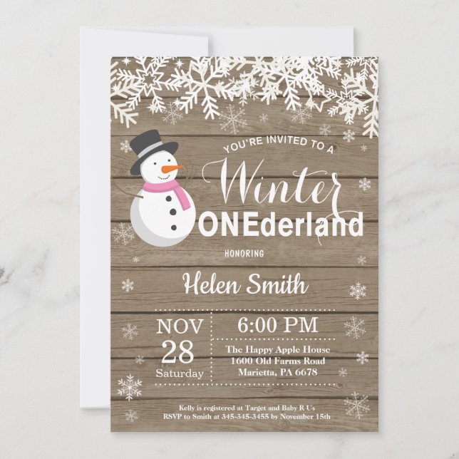 Winter Onederland Rustic Snowman Girl 1st Birthday Invitation (Front)