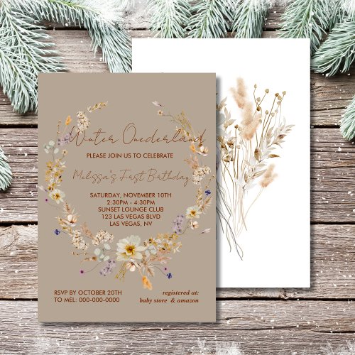 Winter onederland rustic wildflower first birthday invitation