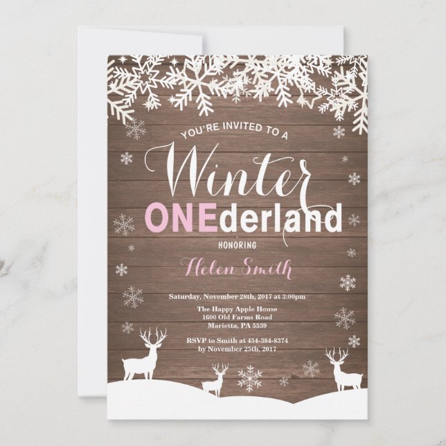 Winter Onederland Rustic Wood Girl 1st Birthday Invitation (Front)
