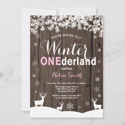 Winter Onederland Rustic Wood Girl 1st Birthday Invitation