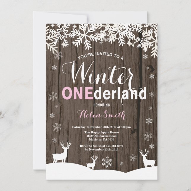 Winter Onederland Rustic Wood Girl 1st Birthday Invitation (Front)