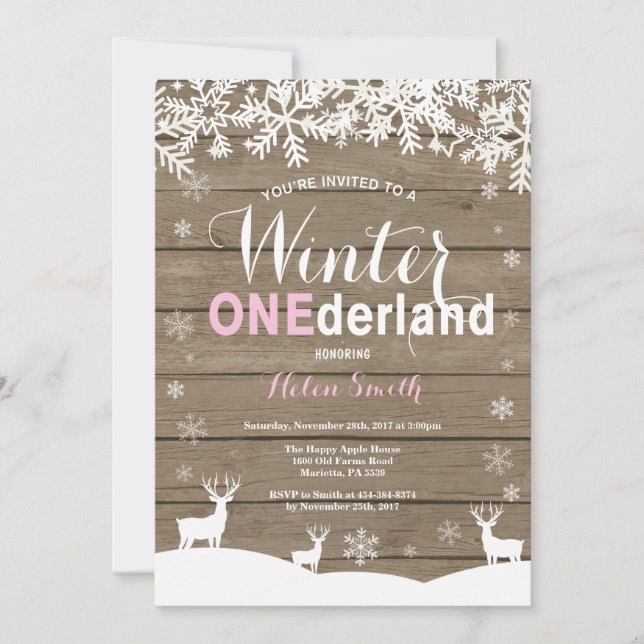Winter Onederland Rustic Wood Girl 1st Birthday Invitation (Front)