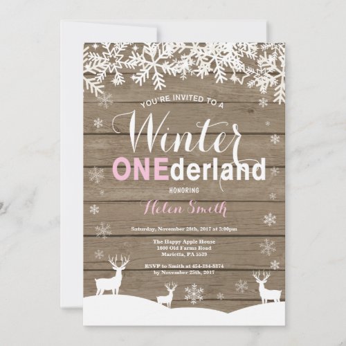 Winter Onederland Rustic Wood Girl 1st Birthday Invitation