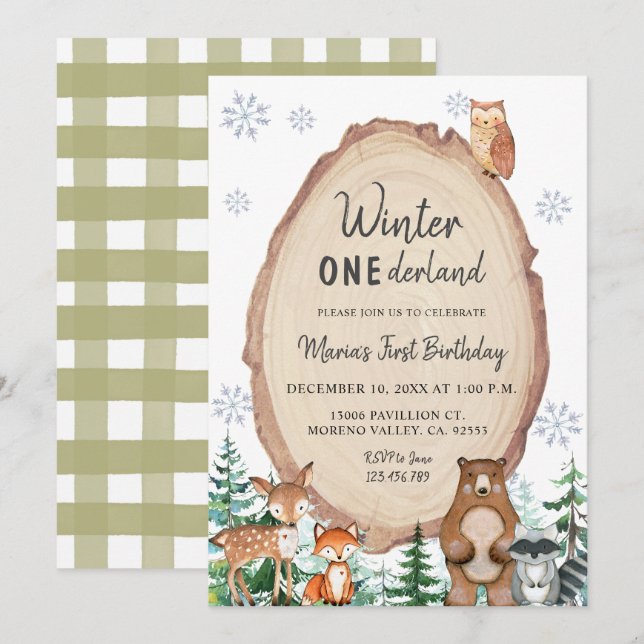 Winter Onederland Rustic Woodland Animal Birthday  Invitation (Front/Back)