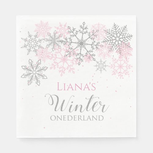 Winter Onederland Silver and Pink Napkin