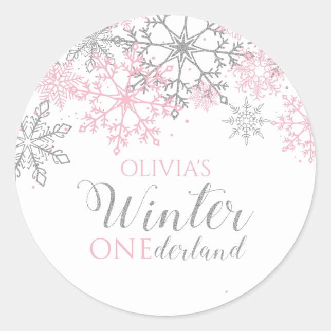 Winter Onederland Silver and Pink Snowflake Classic Round Sticker (Front)
