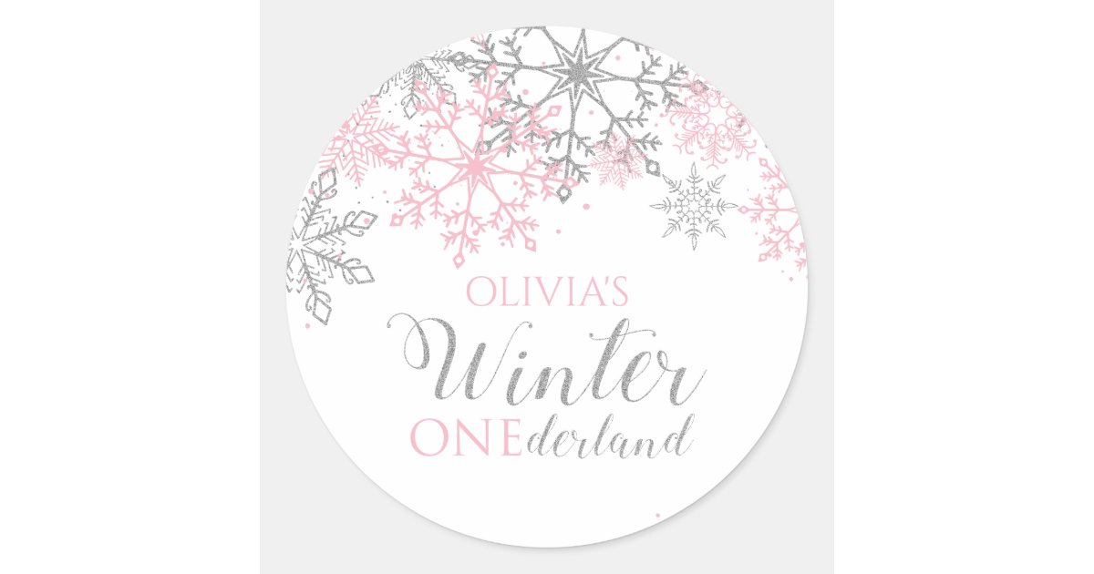 Winter Onederland Silver and Pink Snowflake Classic Round Sticker | Zazzle
