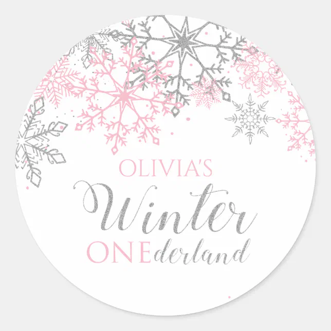 Winter Onederland Silver and Pink Snowflake Classic Round Sticker | Zazzle
