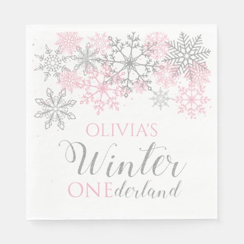 Winter Onederland Silver and Pink Snowflake Napkins