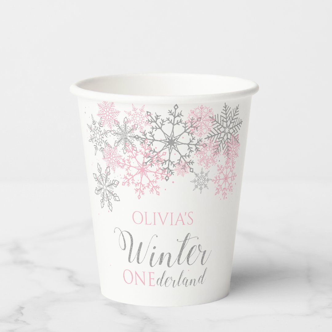 Winter Onederland Silver and Pink Snowflake Paper Cups | Zazzle