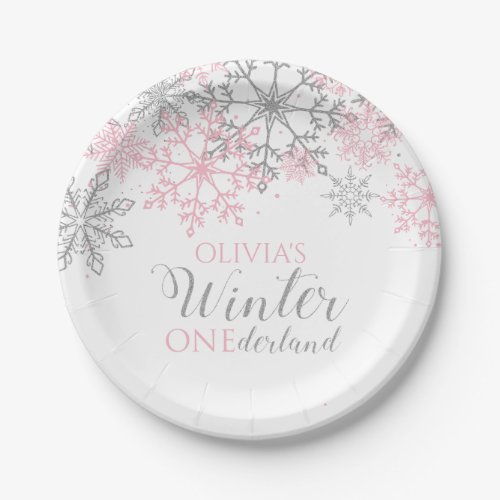 Winter Onederland Silver and Pink Snowflake Paper Plates