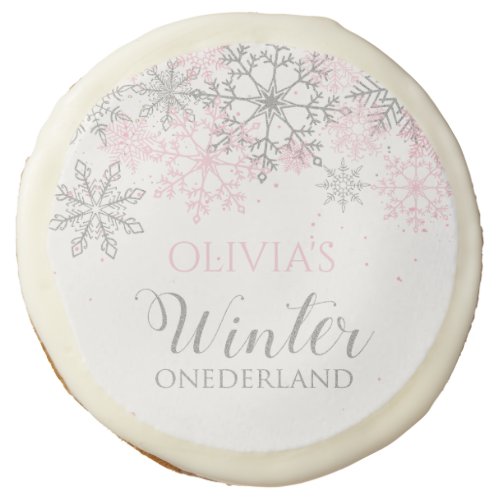 Winter Onederland Silver and Pink Snowflake Sugar Cookie